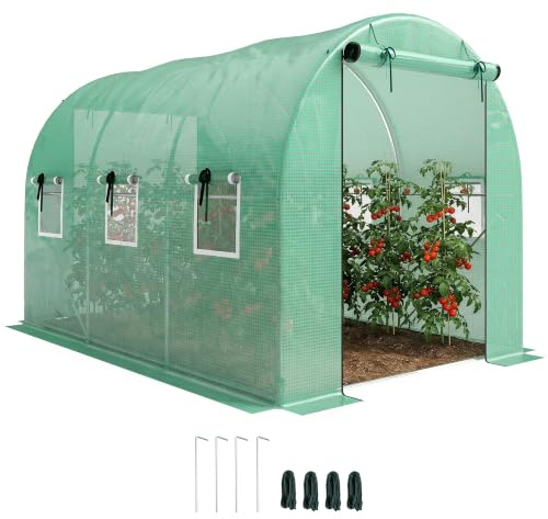 Outsunny Gewächshaus 3 x 2 x 2 m mit 2 Reißverschlusstür Folientunnel Grün | Foliengewächshaus, Rollbar, 6 Netzfenster, Stützstangen, Verlängerte Kanten, UV-beständig, Winterfest Tomatenhaus