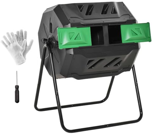 Outsunny Compostiera da Giardino Girevole 2 Sezioni, 160L Nero Verde | 8 Prese d'Aria, Compostiera Domestica in Acciaio e PP, 160 L, per Compostaggio Rifiuti Organici, 71x65x96 cm