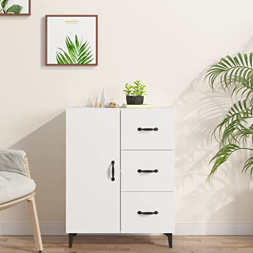 Foknhdi Buffet blanc 69,5 x 34 x 90 cm en bois avec 1 porte et 3 tiroirs, design moderne pour un espace de rangement généreux, robuste et durable, buffet pour salon, couloir et chambre à coucher