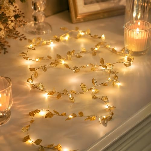 ZingBox Lichterkette Goldenen Blättern, 2M 20 LED Gold Weinreben Streifen | Batterie, Künstliche Blätter Warmweiß Lichterkette für DIY Hochzeit Handwerk Party Dekoration