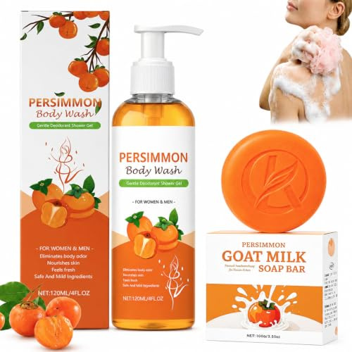 Persimmon Soap and Persimmon Body Wash Kit | 100g Natural Soap Bar and 120ml Persimmon Shower Gel, Persimmon Soap for Old People, Moisturizing Deep Cleansing