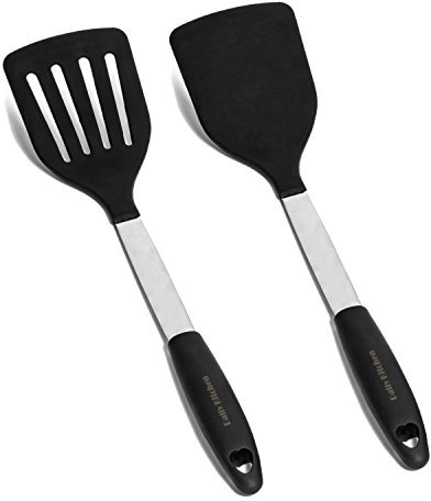 Spatula Set Heat Resistant Silicone and Stainless Steel - Best Turner Spatulas Rubber Grip - Flexible Kitchen Spatulas for Cooking and Non Stick Cookware - Pancake Turners, Egg Flippers - 2-Piece Set