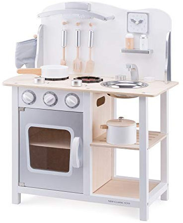 New Classic Toys 11053 Wooden Pretend Toy Kitchen for Kids Role Play Included Accessoires, White/Silver, White/Silver