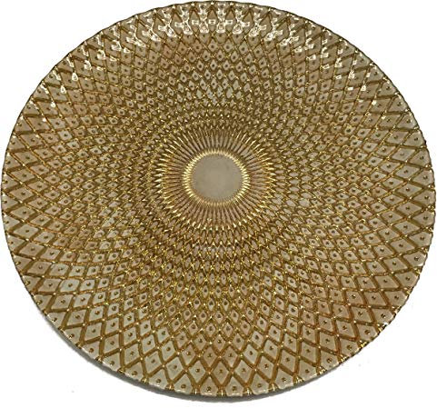 Circleware 03090/AM Set of 4-13 Glass Charger Plates Dinnerware Hard Cut Style Round All Occasion Dishes, Limited Edition Home Kitchen Food Service Decor 4-Pack Gold & White