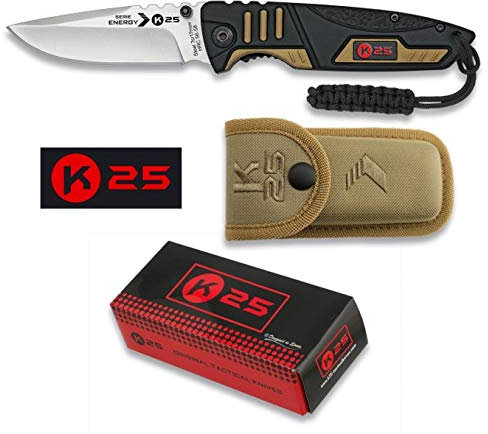 K25 K25-19774 - Navaja Energy. Coyote/Negra. 8.5cm - Herramienta para Caza, Pesca, Camping, Outdoor, Supervivencia y Bushcraft
