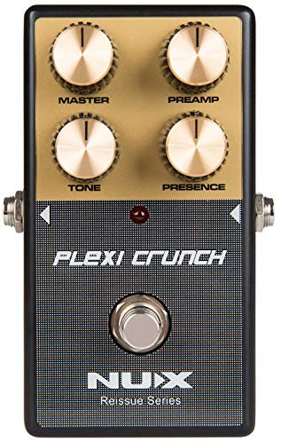 Nux Plexi Crunch Pedal, E-Gitarren Effektpedal (Effektsteuerung mit Reglern für Master, Preamp, Tone, Presence, klassischer Rock-Sound, Batteriebetrieb möglich: 9V Batterie), Schwarz/Gold