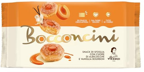 Matilde Vicenzi - Bocconcini di Pasta Sfoglia, Croccanti e Delicati, Snack Dolce di Raffinata Pasticceria Ripieno di Farcitura di Albicocche e Vaniglia Bourbon, Confezione da 90 gr