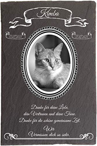Pokal Center Westerheider Tiergrabstein Katzen mit eigenem Foto, Gedenksteine für Katzen mit personalisierter Gravur, Gedenksteine aus Naturschiefer 20x30 cm