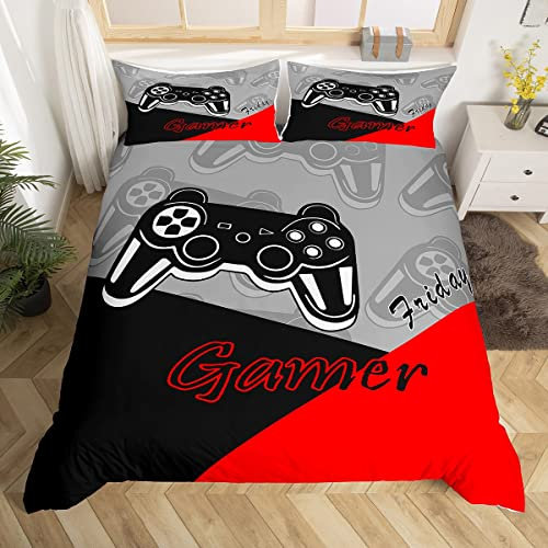 Gamer Set di biancheria da letto per bambini, per ragazzi, ragazzi, gioco per videogiochi, 135x200cm decorazione per la casa set di 2 pezzi 1copripiumino con 1 federe, colore: nero, rosso, grigio