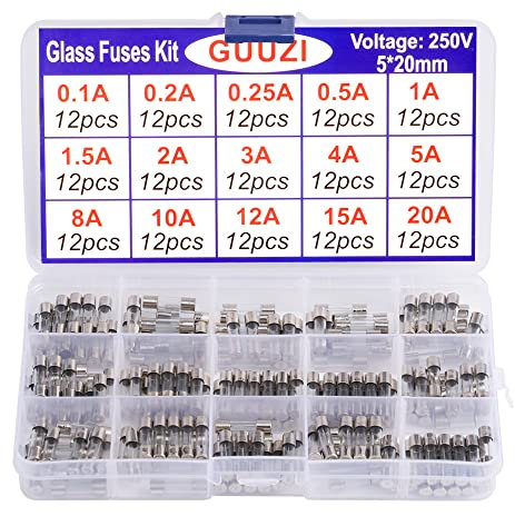 GUUZI 15 Valores 180pcs 5 × 20mm 250V Kit Surtido de Fusibles de Vidrio de Soplado Rápido 0,1A / 0,2A / 0,25A / 0,5A / 1A / 1.5A / 2A / 3A / 4A / 5A / 8A / 10A / 12A / 15A / 20A