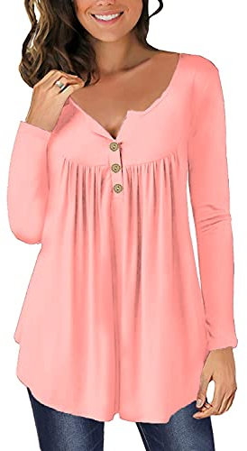 Chemise Femme Chic et Élégant Rose Coton Tunique T-Shirts à Manches Longues Haut Décontractés Amples Tshirt Tops