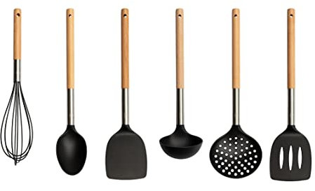 MasterChef Utensilios de Cocina con Cucharas, Espatula, Cazo para Sopa, Espumadera y Cucharon, Resistentes al Calor, Set Menaje, Accesorios Antiadherente, Multicolores