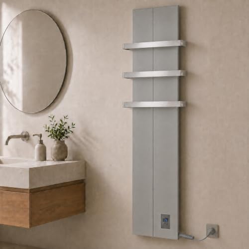 Finesa-D Badheizkörper elektrisch mit Thermostat – Handtuchheizkörper 1500 × 408 mm, 1200 W, flaches Paneel-Design, Grau-Metallic, IPX4