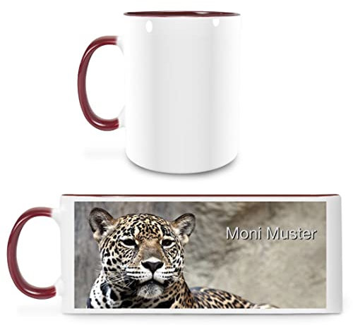 Manutextur Tasse mit Namen - personalisiert - Motiv Leopard - viele Farben & Motive - weiß/Marone - persönliches Geschenk mit Wunsch-Motiv und Wunsch-Name