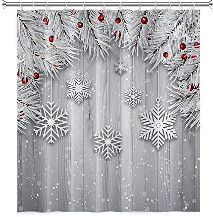 GOOESING Merry Christmas Shower Curtain, Gold Xmas Balls Shower Curtain for Kids Bathroom, Winter Glitter New Year Waterproof Polyester Fabric Bath Curtain with 12 Pack Plastic Hooks