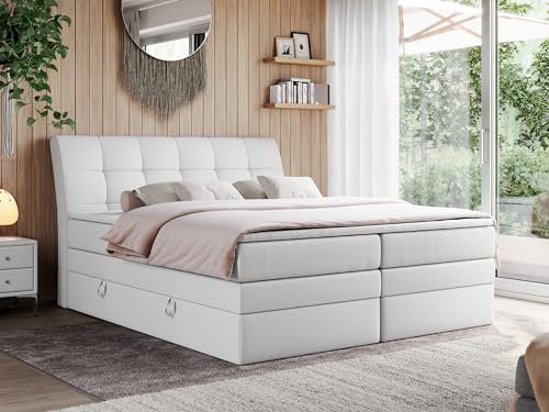 MKS MEBLE King Boxspringbett 180x200, Polsterbett 180x200 mit Bettkasten, Bett 180x200 mit Multipocket-Matratze H3, Boxspringbett 180x200 mit Kopfteil und Topper - H3 Weiß Kunstleder - Gold-10