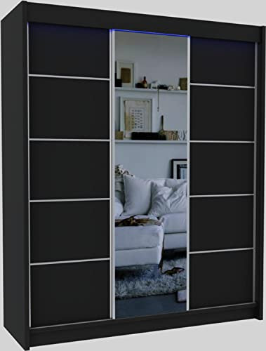 WFL GROUP Moderner Kleiderschrank Schwebetürenschrank Schwarz mit Spiegel 120 150 180 200 cm - Schwarzes Matt Kleiderschrank für Schlafzimmer mit Schiebetüren - Kleiderstange - 180 cm - Schwarz