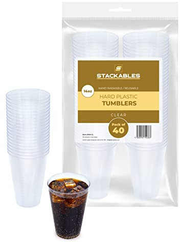 STACKABLES ~ Paquete de 40 vasos de plástico duro de 14 onzas ~ Vasos de fiesta transparentes ~ Tazas reutilizables multiusos elegantes para eventos de boda, picnic, camping y vasos al aire libre