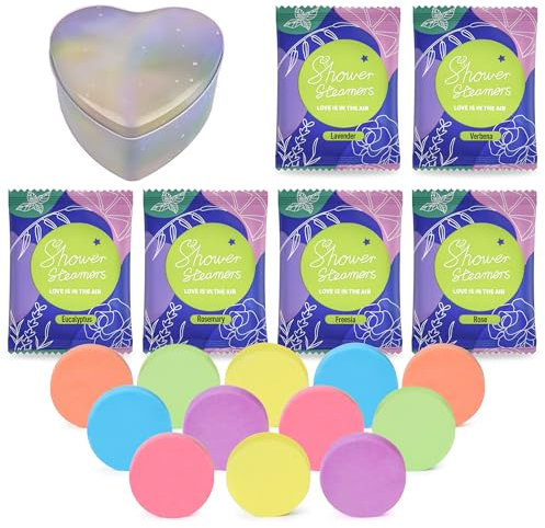 Shower Steamers Aromatherapy, Natural Organic 12-Pack Lavender Eucalyptus & Peach Shower Tablets, Women Relaxing Bath Spa Gift Set, Heart-Shaped Tin Box Shower Fizzies for Party, Birthday, Christmas