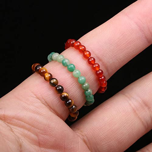 DarryDooly Naturstein-Perlen-Ring, 3 mm, handgefertigt, natürliche Chakren, heilender Fingerring, Tigerauge, Stein, Opal-Charme, Stretch-Ringe für Damen und Herren