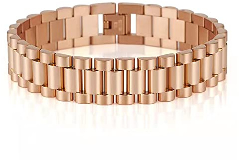 Qiaonitu 10 mm / 15 mm schweres Uhrenarmband für Herren und Damen, Hiphop, 18 Karat Gold, Edelstahl, Uhrenkette, Armband, Armreif, Handgelenkschmuck (Roségold, 15 mm, 19 cm)
