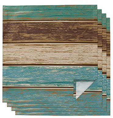 Kewadony Blaugrüne Stoffservietten, 4er-Set, türkis-grün-braune Holz-Cocktail-Servietten, 50.8x50.8 cm, Retro-Bauernhaus, rustikale Scheune, waschbar, wiederverwendbar, für Abendessen, Urlaub, Party