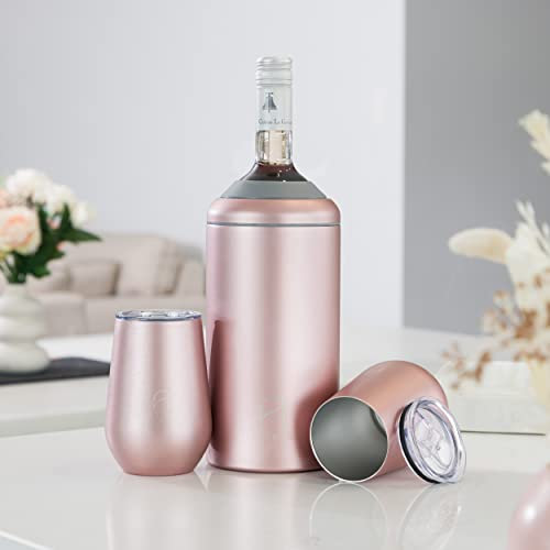 Wine Bottle Chiller with 2 Stemless Wine Tumblers – 750ml Portable Stainless-Steel double walled Bottle cooler with insulator Sleeve for Champagne, Beer & Cold Drinks -For Hot & Chilled Cold Beverages