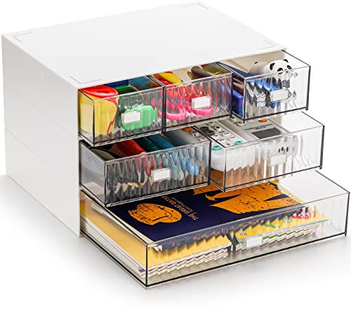 Hacaroa 3 Tier Mini Desk Organizer with 6 Drawers, Plastic Desktop Drawers Storage Box, Stackable Makeup Organizer Craft Storage Case for Office, School, Bathroom, Detachable Design, White