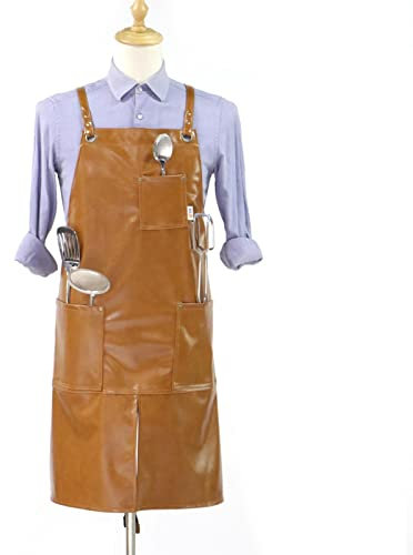 Delantal de Cocina Delantal Vintage Longitud PU Cuero Tela Bolsillos Herramientas Chef Restaurante Delantal (Chocolate 78x87cm)