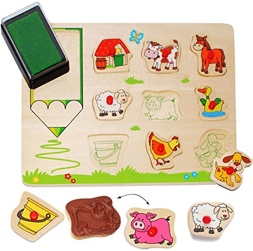 alles-meine.de GmbH Stempelset Steckpuzzle & Stempel - mit Griffen - Tiere & Haustiere - aus Holz - 10 Teile mit großen Stempelkissen - großes Holzpuzzle/Malset/Stempel..