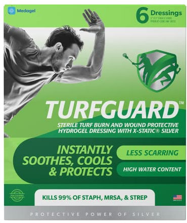 TURFGUARD Hydrogel Turf Burn Dressing with X-Static Silver – Cooling Relief, FDA Cleared, Antimicrobial Protection, & Moist Healing Patch for Burns & Wounds, 2 x 3 Dressings, 6 Pack, by Medagel