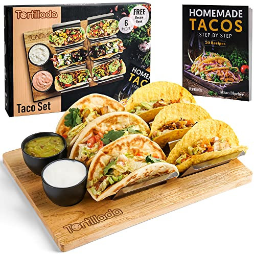 Tortillada - Taco Halter Set/Hotdog Halterung im Set aus Edelstahl für bis zu 6 Tacos - inkl. Servierbrett aus Holz, Keramik Dipschalen und Rezeptbuch
