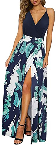 UUAISSO Robe Boho d'été pour Femme Bretelles Spaghetti Col en V Couleur Unie Floral Plage Longue Robe Maxi