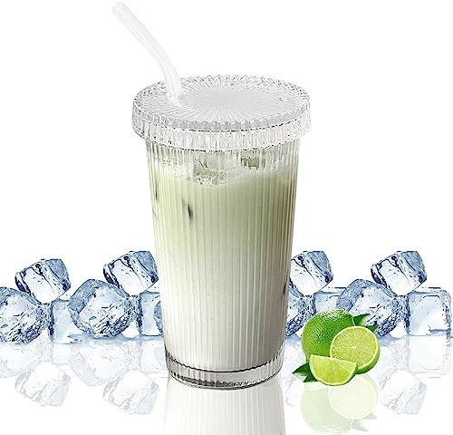FZQBEY Verre Strié, 375ml Verre Avec Couvercle et Paille, Réutilisable, Transparent, Minimaliste, Pour Boissons Chaudes et Froides, Idéal pour Intérieur et Extérieur