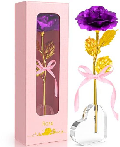 Rosa Eterna Stabilizzata con Base d'Amore, Originale Regalo per Donne Madre Fidanzata Moglie Nonna Idee Regalo di Compleanno Natale Festa della mamma San Valentino Anniversario 24K Oro Rosa (Viola)