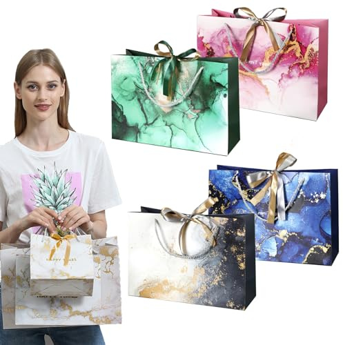 MUFEKUM Geschenktüten, 4 Stück Geschenktaschen mit Henkel und Schleifenbändern, Papiertüten Partytüten, Geschenktüte für Geburtstag Hochzeit Feier Party Baby Showers (mehrfarbig)