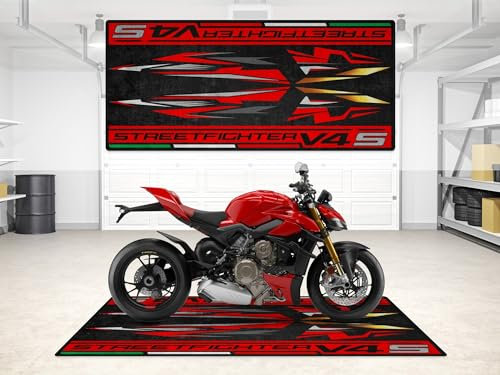 wibeart MPM Motorradmatte für Streetfighter V4 S, waschbar, rutschfest, öl- und wasserabweisend, Parkmatte für Garage, Ausstellungsraum, Werkstatt | Ducati Rot - Größe 2: 102 x 47/260 x 120 cm