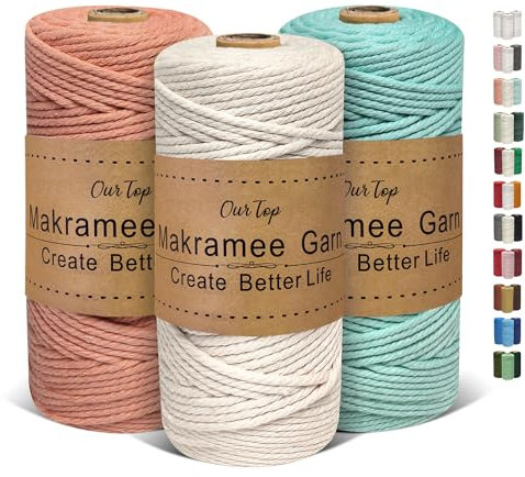 OurTop Premium Makramee Garn 3er Set, 3mm x 100m Macrame Cord Makramee Schnur Makramee Kordel, Garn für DIY Handwerk, Weben Dekoration, Hängepflanze Pflanze Aufhänger(Natur, Wasserblau, Rosenholz)
