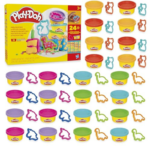 Play-Doh Fantastischer Party Pack, 24 Dosen mit je 56 Gramm in 4 Farben, dazu 24 passende Ausstecher, toll zum Mitbringen oder Teilen, etwa auf dem Kindergeburtstag