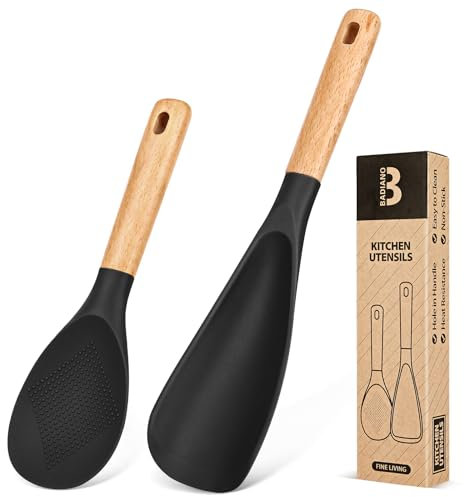 Cooking Spoon and Rice Scooper for Nonstick Cookwares, Great for Cooking and Serving Sturdy BPA-Free Matte Silicone, Wood Handle Spoon for Mixing, Scoop, and Scrape (Black)
