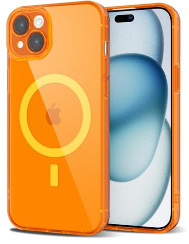 Svanove for iPhone 15 Plus Case Clear Compatible with Magsafe, Fluorescent Transparent Magnetic Magnet Mag Case, Slim Thin Bright Silicone Grip & Shockproof Bumper Camera Cover, Neon Orange