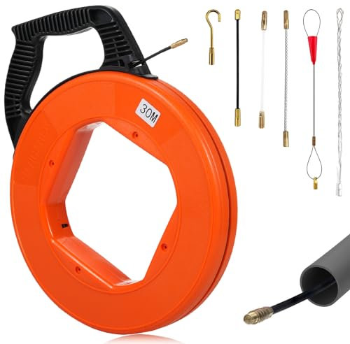 Hombasing Kabeleinziehhilfe 30m, 4mm Einziehspirale, Zugdraht für Leerrohre mit 6 Adapter, Kabelziehhilfe mit Kunststoffgehäuse und Handgriff, Einzugshilfe Kabel für Elektroarbeiten