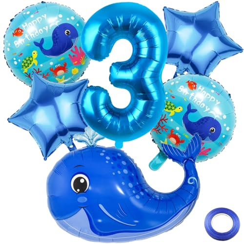 Kawailay 3. Wal Geburtstag Deko Meerestier 3. Geburtstag Deko Ballons Wal Folienballon Blau Zahl 1 Luftballon für Junge Mädchen Geburtstag Party Motto Party