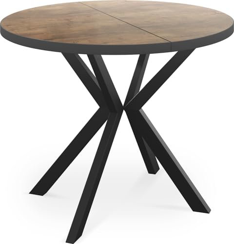 WFL GROUP Runder Ausziehbar Tisch für das Esszimmer - Tischrand Schwarzes Dekor - 100 oder 120 cm - Ausziehbarer Tisch mit Pulverbeschichteten Schwarzen Metallbeinen - 100 cm - Lefkas Eiche