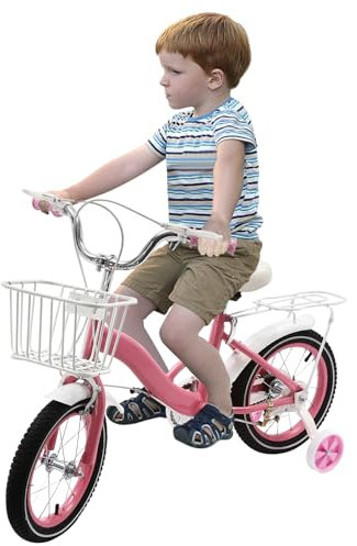 HauTour Kinderfahrrad, 14 Zoll Kinderfahrrad Höhenverstellbar Kinderfahrrad mit Hilfsrad und Einkaufskorb Leichtes Schnellmontagerad Für 3 Jahre Mädchen (Rosa C)