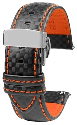 TIFONY Uhrenarmbänder, 18 mm, 20 mm, 21 mm, 22 mm, 23 mm, 24 mm, Herren- und Damen-Nähte, Uhrenarmband aus Kohlefaser, Lederarmband(Orange S Folding,20mm)