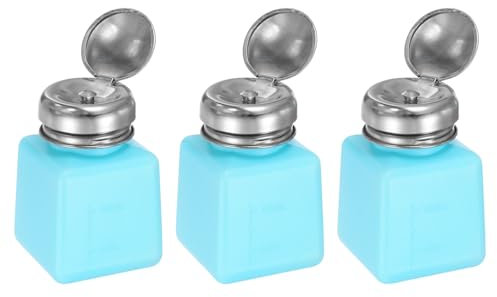 sourcing map 3pcs Solvent Alcohol Dispenser 100ml(3.4oz) Push Down Liquid Dispenser Pump Bottle with Sealing Stainless Steel Lid for Acetone Solution, Blue