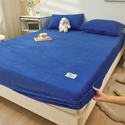 Bettlaken 120x200cm 25cm Hoch Samt, Spannbettlaken Boxspringbett Marineblau Einfarbig Spannleintuch Winter mit 2 Kopfkissenbezug