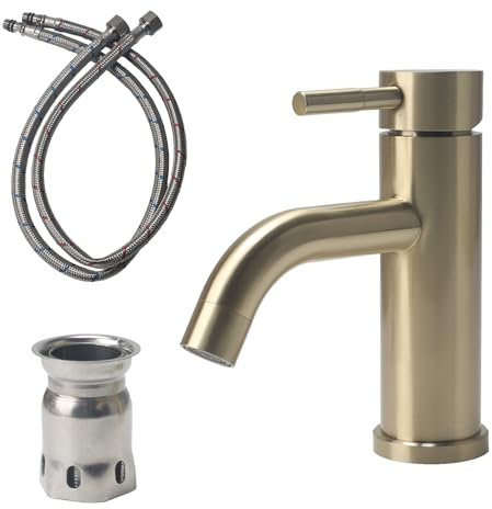 Minnhua Grifo Cocina Acero Inoxidable 304, Grifo Baño con Manguera, Grifo de Baño Lavabo Núcleo de Válvula de Cerámica, Mezclador Monomando Lavabo para el Lavabo, WC de Visitas (Oro)