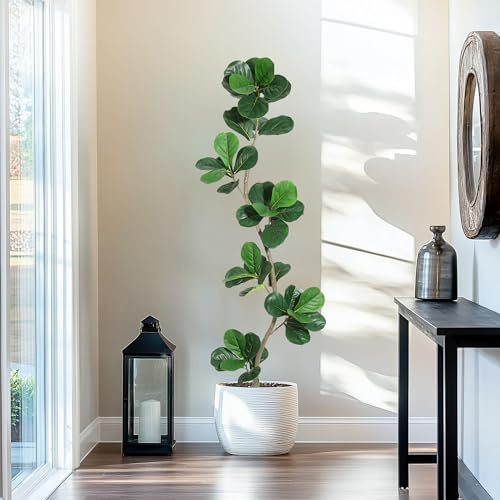 GarveeHome Artificial Fiddle Leaf Fig Tree - 6 ft Fake Plant with Black Nursery Planter, Large Fake Tree for Home or Office Decor - Artificial Plants Indoor Outdoor, Housewarming Gift